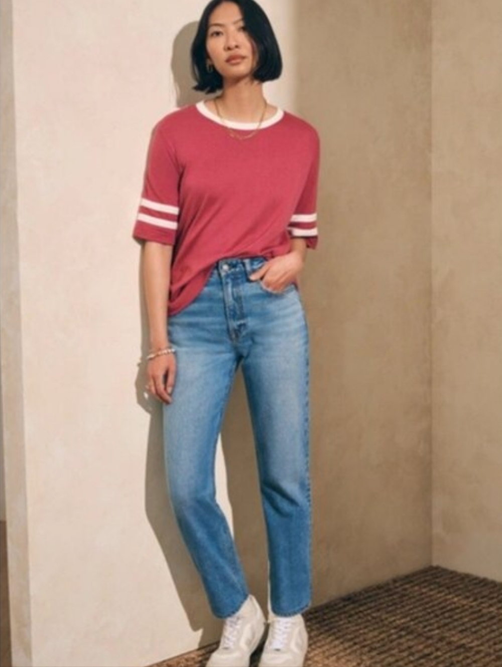 Faherty Cloud Cotton Red Rose Varsity Jersey Tee Sz Large